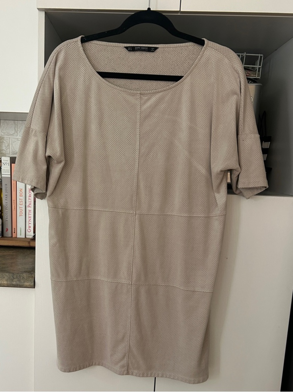 Zara Beige Perforated Short-Sleeve Shift Dress